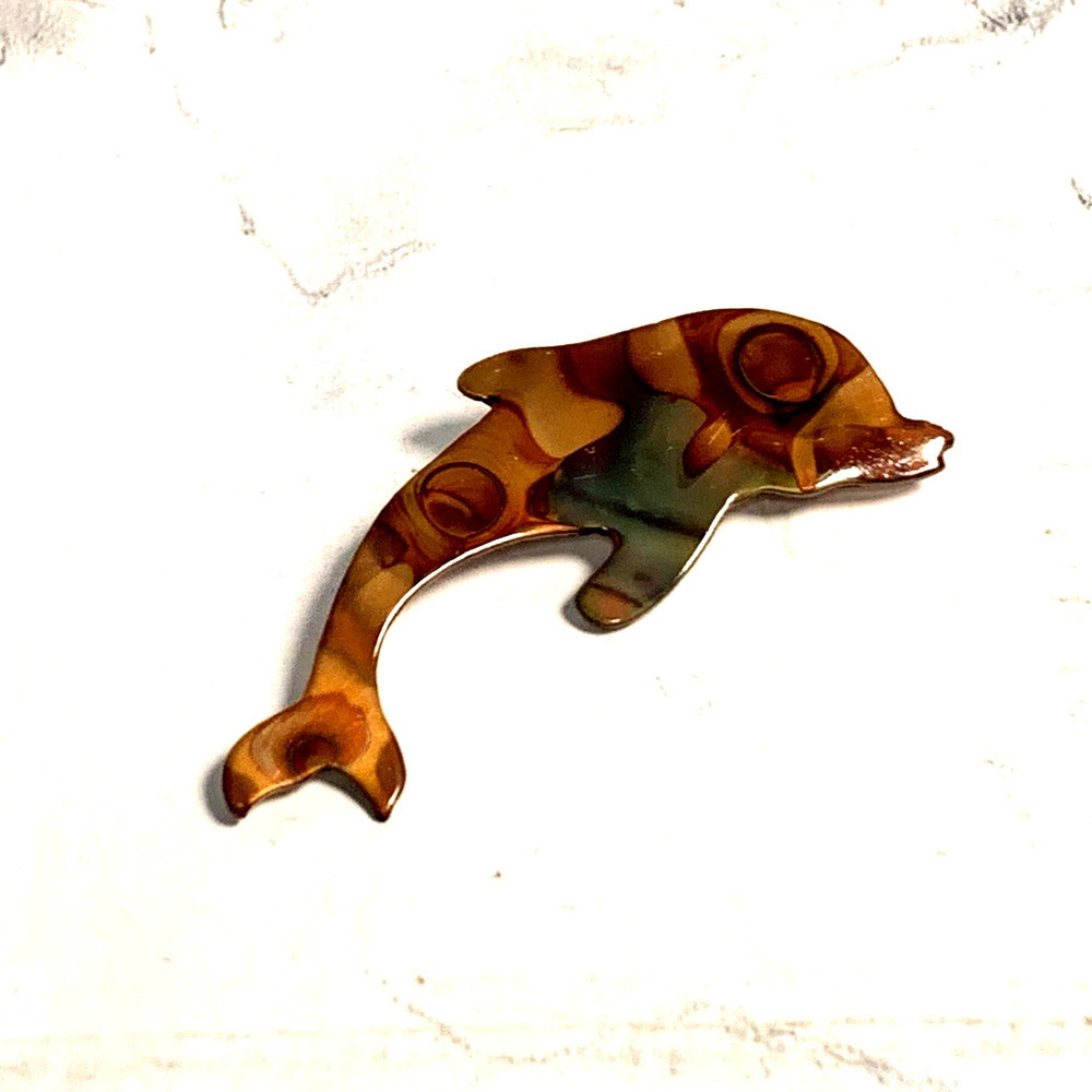 Vintage Oil Slick Copper Iridescent Dolphin Brooch Artisan Multicolor 2"